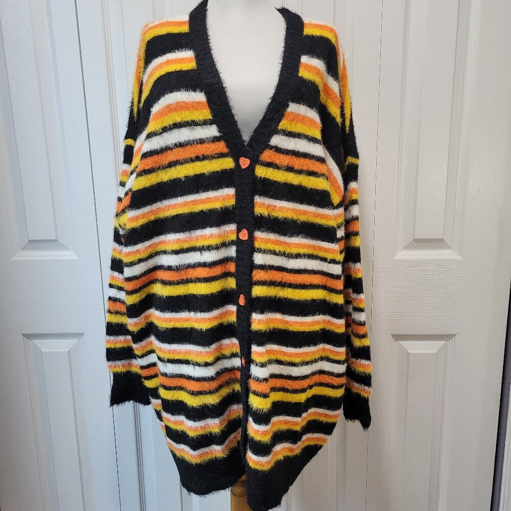 HOT TOPIC Sweet Society Candy Corn Striped Fuzzy Cardigan sz XXL NWOT Halloween